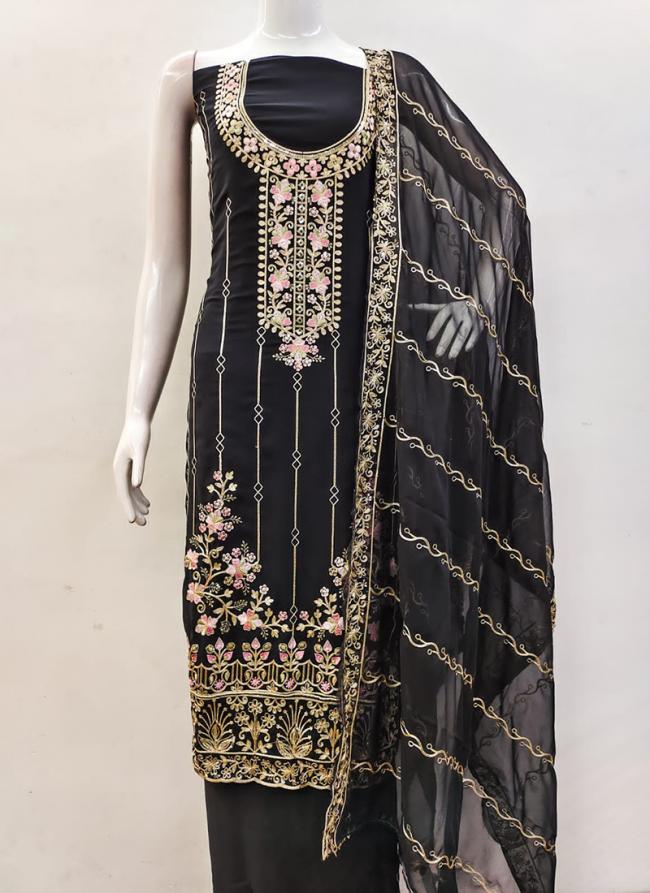 Georgette Black Traditional Wear Embroidery Work Dress Material